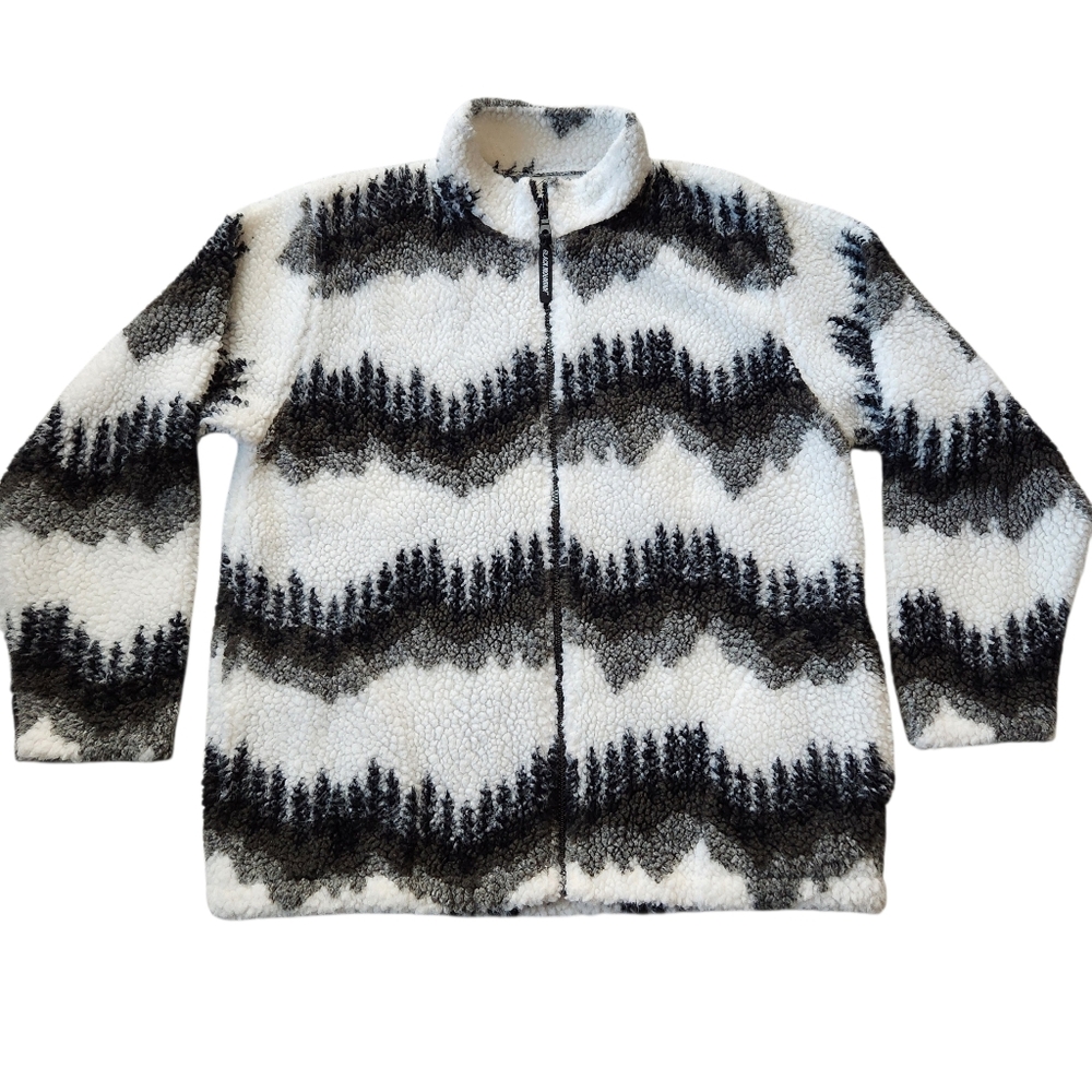 AOP Nature Sherpa Black Mountain Forest Fleece Jacket Gorpcore Sz Medium